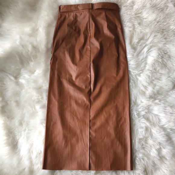 Cognac Leather High Waist Midi Skirt - Picture 5 of 6